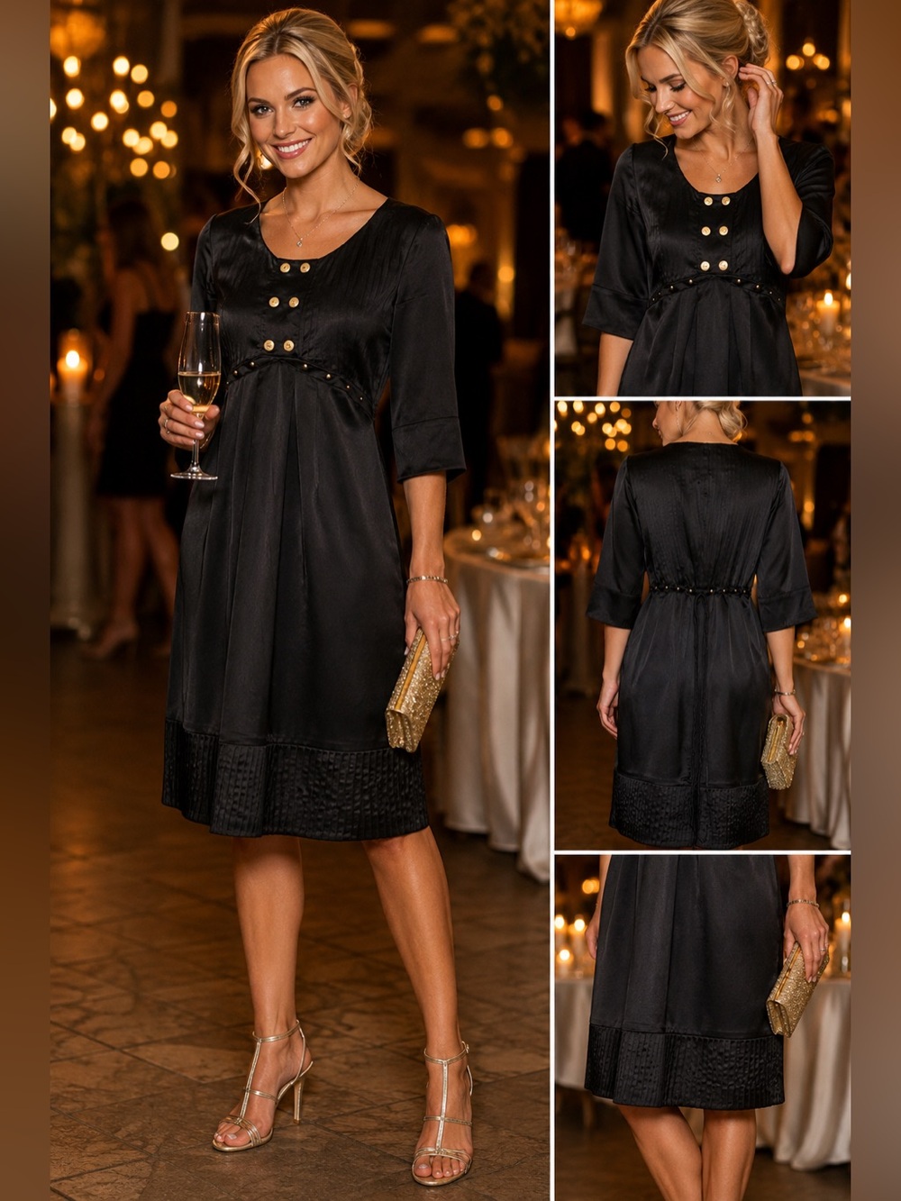 Lauren Moffatt Black Silk Shift Dress Gold Accents Sz M Quiet Luxury Mobwife